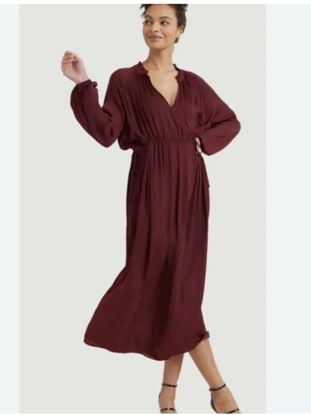Modern Citizen XS Burgundy Maxi Dress Mock Neck Tie Waist Long Sleeve 21D232